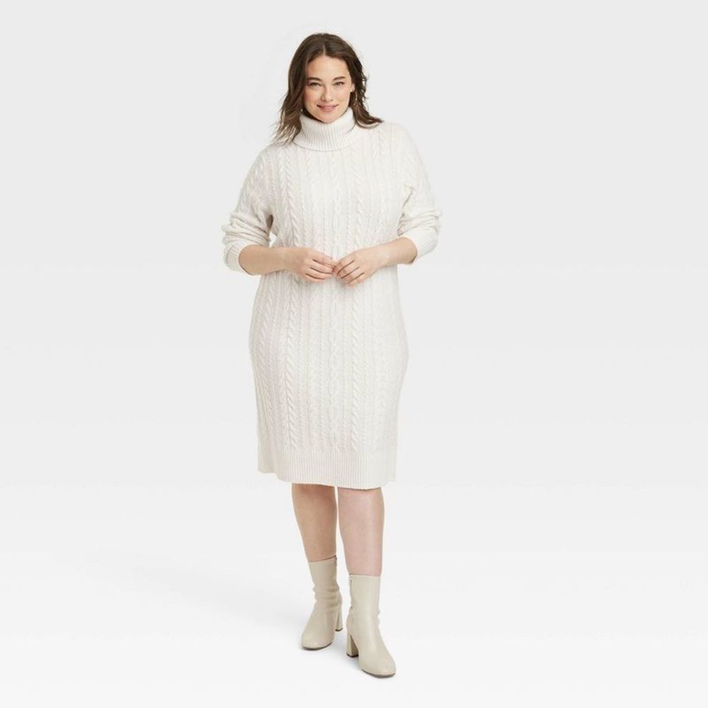 Women's Turtleneck Long Sleeve Cozy Sweater Dress - A New Day Cream XXL